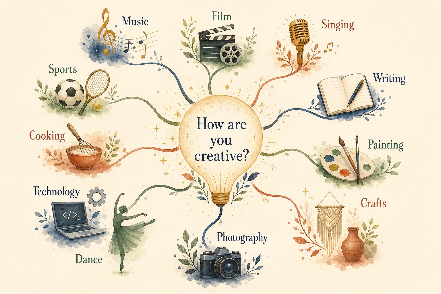 Creative mindmap showing categories: Music, Film, Singing, Writing, Painting, Crafts, Photography, Dance, Technology, Cooking, Sports