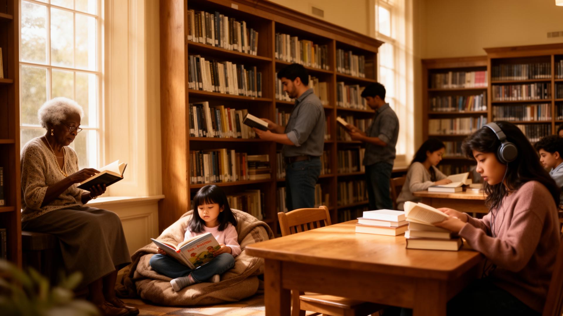 Diverse readers of different ages and ethnicities reading books in a warm, sunlit library